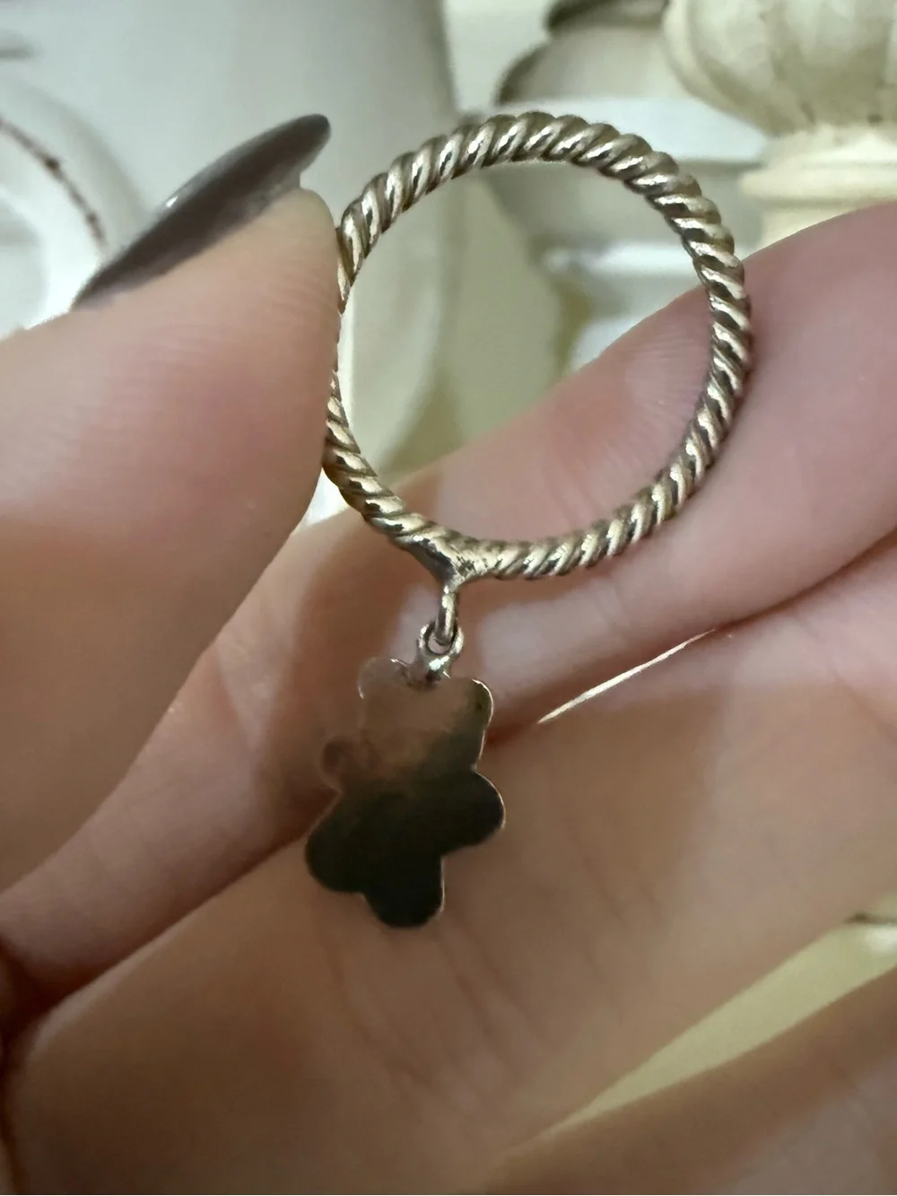 Vintage Sterling Silver Teddy Bear Charm Ring on Rope Band